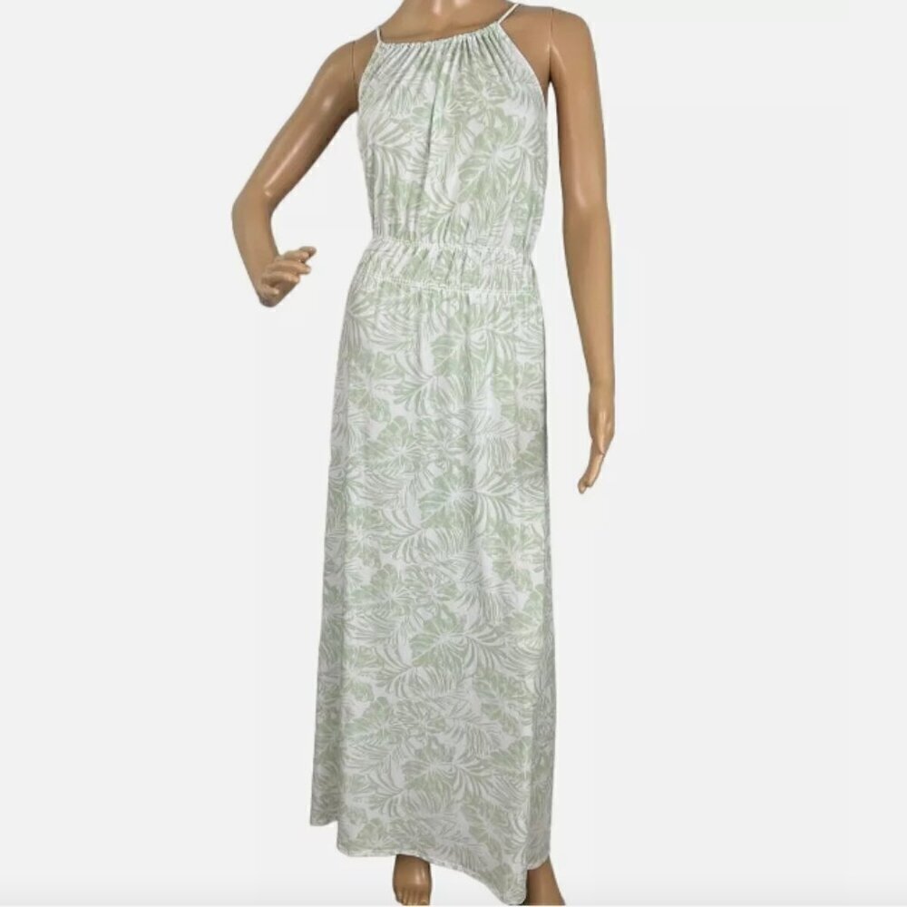 Kaileigh Jersey Knit Stretch Halter Dress White Mint Green Tropical 2X‎
